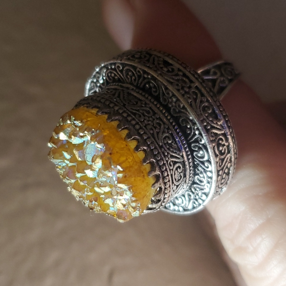 New Yellow Titanium Crystal Druzy 925 Silver Statement Ring.
